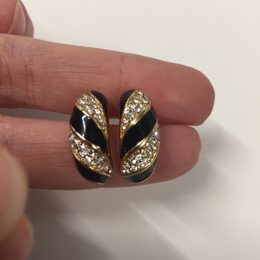 Gold Tone Black Enamel & Rhinestones Earrings